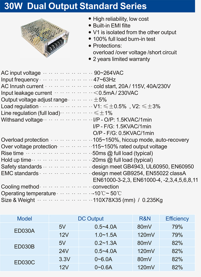 30W-Dual-Output-Standard-Series OF 30~70W Dual Output ED Series