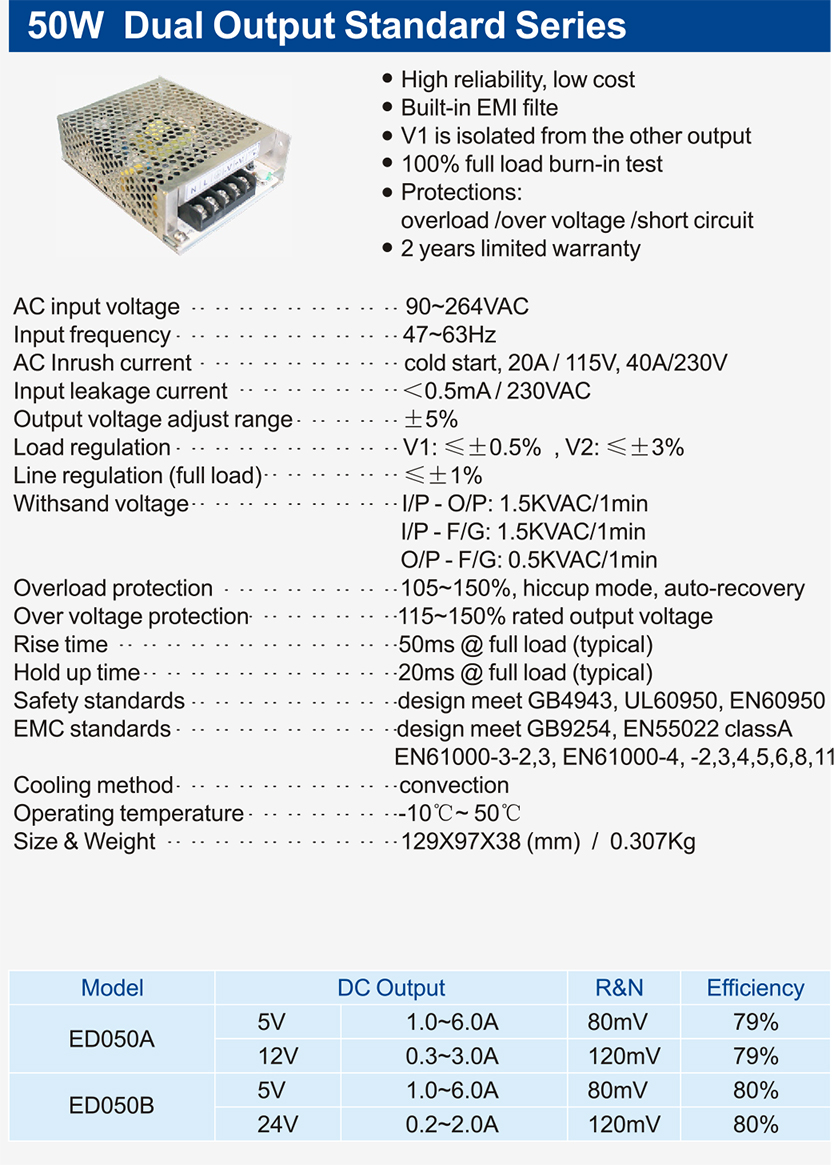 50W-Dual-Output-Standard-Series OF 30~70W Dual Output ED Series