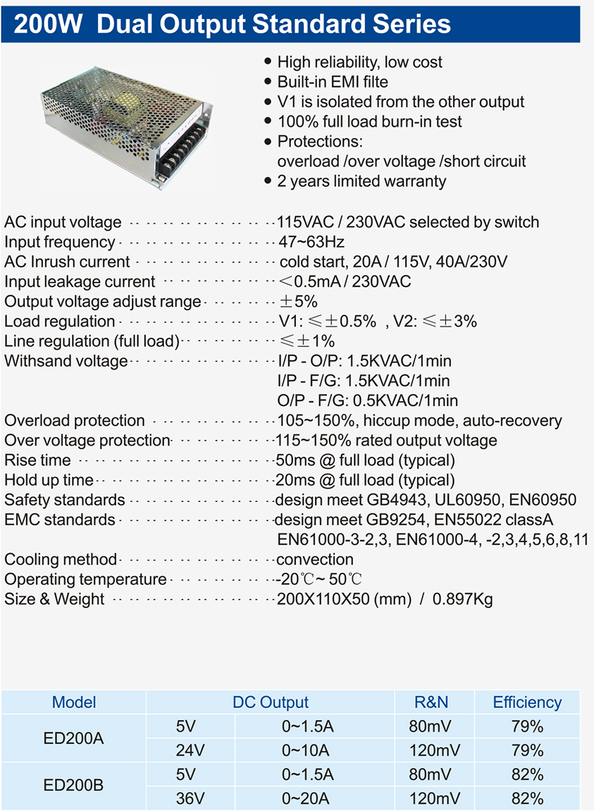 200W-Dual-Output-Standard-Series OF 30~70W Dual Output ED Series