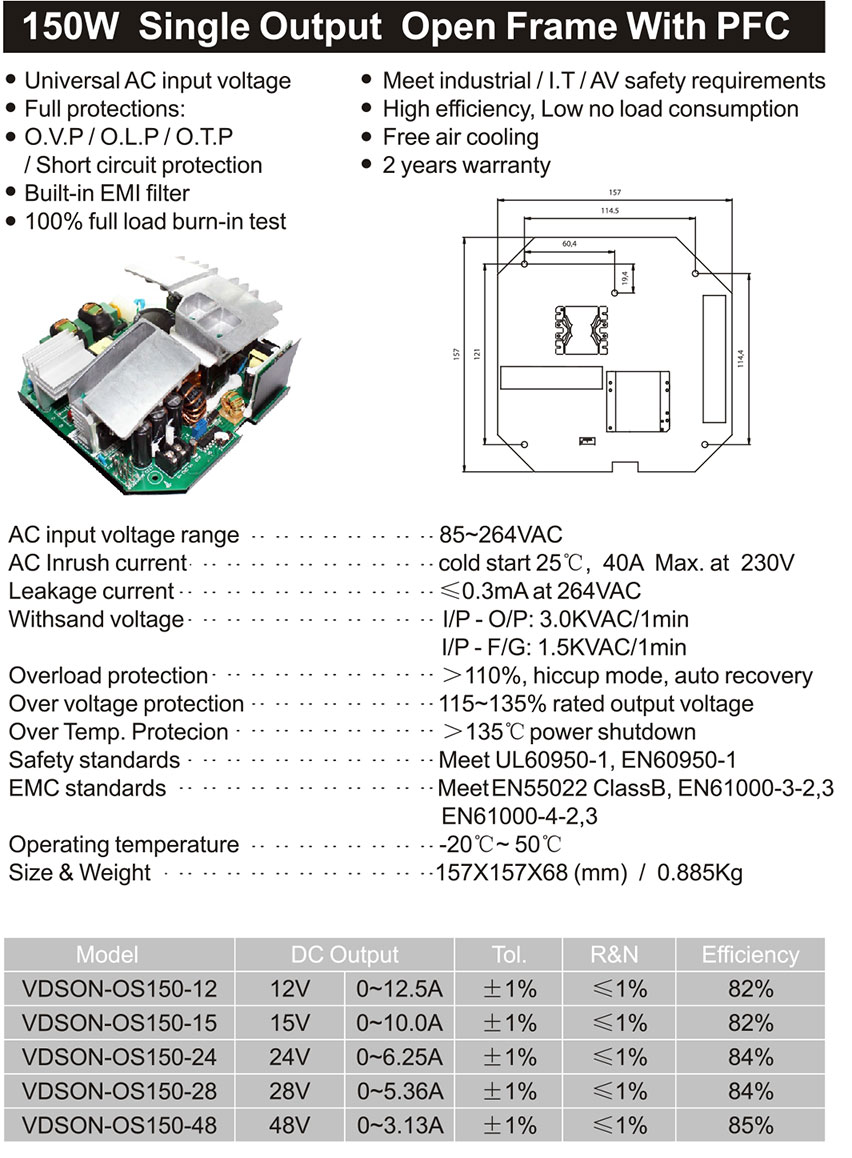 150W-Single-Output-Open-Frame-With-PFC